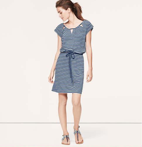 LOFT Striped Cutout Tie Waist Dress, Azure Blue