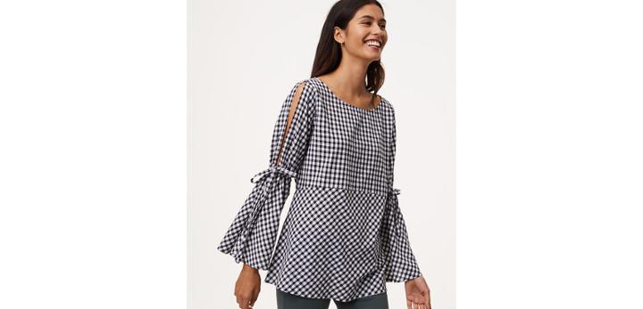 Loft Gingham Tie Split Bell Sleeve Top