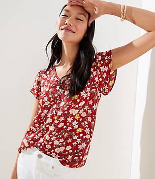 Loft Floral Vine Buttoned Petal Sleeve Top
