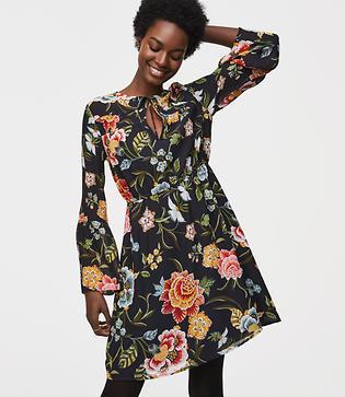 Loft Poppy Bloom Tie Neck Bell Sleeve Dress