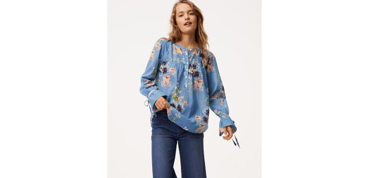 Loft Shimmer Blossom Tie Cuff Blouse