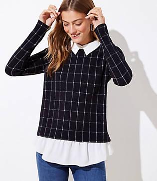 Loft Windowpane Collared Mixed Media Top