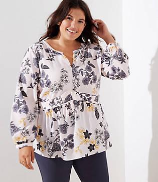 Loft Plus Floral Split Neck Peplum Blouse
