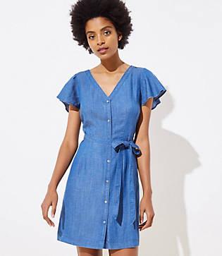 Loft Chambray Flutter Tie Waist Shirtdress