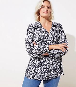 Loft Plus Blossom Mixed Media Tie Neck Top