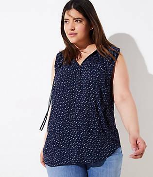 Loft Plus Dot Floral Tie Neck Mixed Media Shell