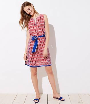 Loft Floral Mosaic Tie Waist Dress