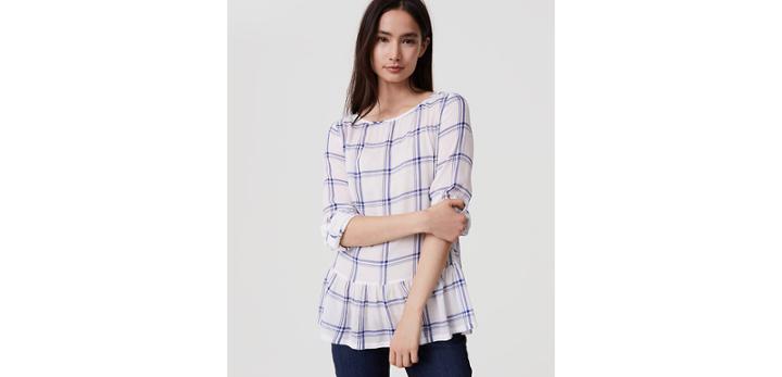 Loft Plaid Tab Sleeve Peplum Blouse