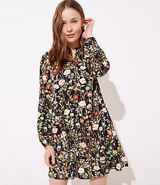 Loft Floral Ruffle Split Neck Dress