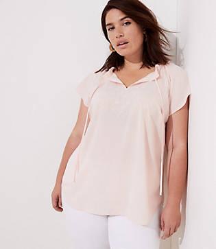 Loft Plus Embroidered Ruffle Tie Neck Top