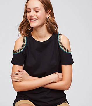 Loft Floral Embroidered Cold Shoulder Tee