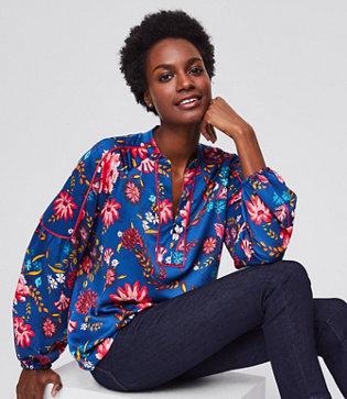 Loft Wildflower Satin Split Neck Blouse