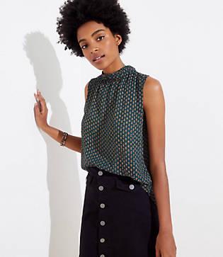 Loft Bouquet Swiss Dot Mock Neck Ruffle Shell