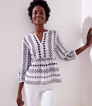Loft Eyelet Split Neck Peplum Blouse