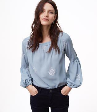 Loft Floral Lantern Sleeve Shirred Blouse