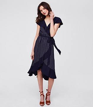 Loft Pinstripe Ruffle Wrap Dress