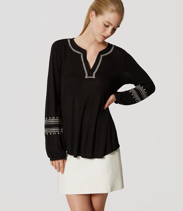 Loft Embroidered Split Neck Top