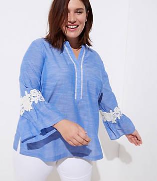 Loft Plus Crochet Chambray Bell Sleeve Top