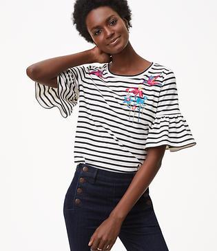 Loft Bird Stripe Ruffle Cuff Top