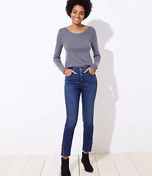 Loft Modern Button Cuff High Waist Skinny Jeans In Aegean Blue Wash