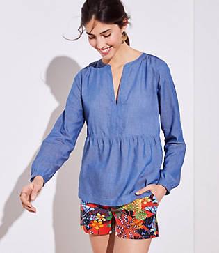 Loft Chambray Split Neck Peplum Blouse