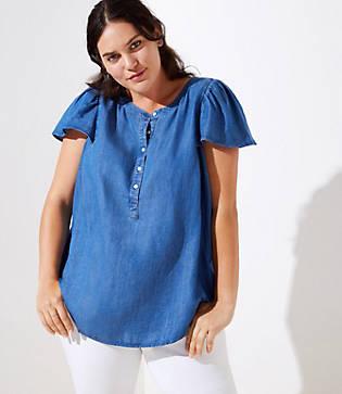 Loft Plus Chambray Flutter Henley Top
