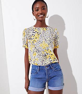 Loft Distressed Roll Cuff Denim Shorts In Classic Mid Indigo Wash