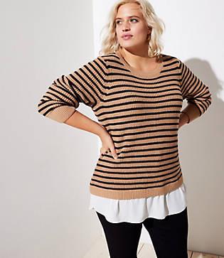 Loft Plus Striped Split Back Mixed Media Sweater
