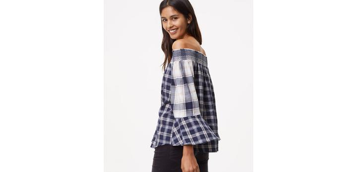 Loft Shimmer Plaid Off The Shoulder Top