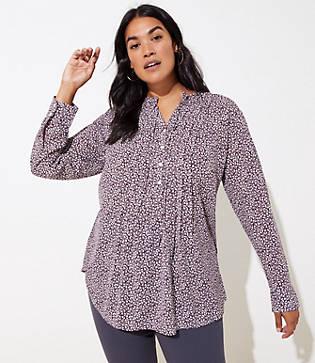 Loft Plus Vine Pintucked Tie Neck Tunic Blouse