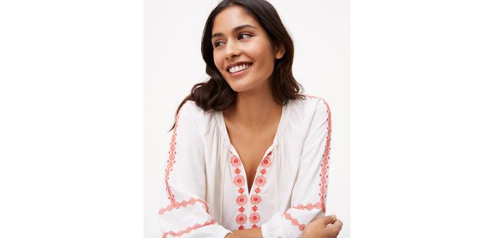 Loft Oe Tie Neck Embroidered Blouse