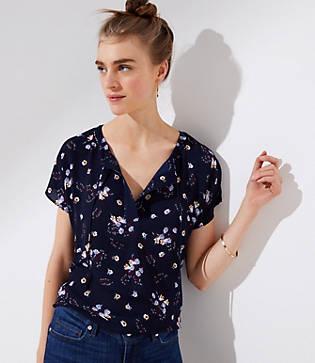 Loft Wild Bouquet Tie Neck Mixed Media Tee