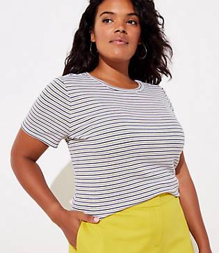 Loft Plus Striped Ribbed Shoulder Button Tee