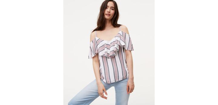 Loft Striped Ruffle Cold Shoulder Top