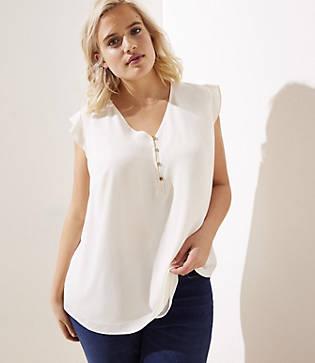Loft Plus Button V-neck Flutter Shell