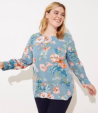 Loft Plus Bouquet Pleated Cuff Blouse