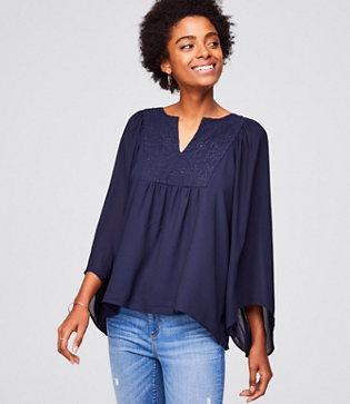 Loft Floral Embroidered Bib Blouse
