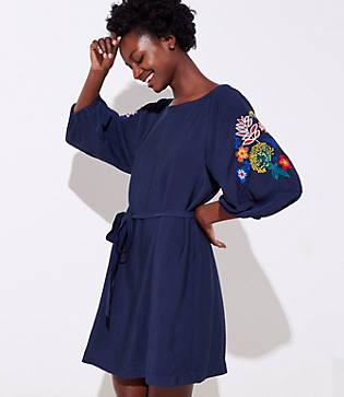 Loft Embroidered Floral Tie Waist Dress