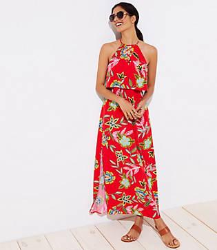 Loft Beach Floral Lace Up Tiered Maxi Dress