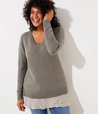 Loft Plus Branch Flounce Mixed Media Sweater
