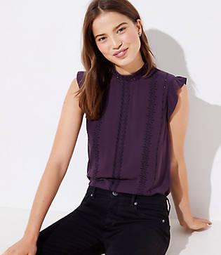 Loft Eyelet Mock Neck Flutter Shell