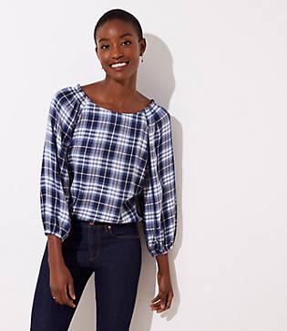 Loft Plaid Smocked Trim Blouse