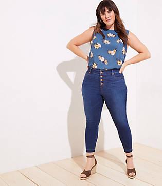 Loft Plus High Waist Button Fly Slim Pocket Skinny Jeans In Rich Mid Indigo Wash