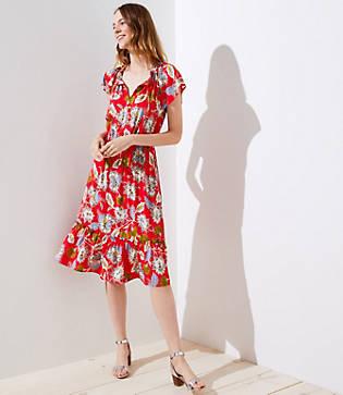 Loft Summer Blossom Tie Neck Flounce Dress