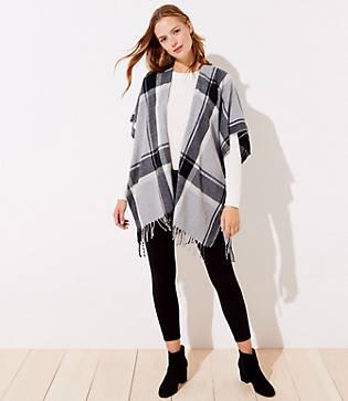 Loft Plaid Fringed Poncho Wrap