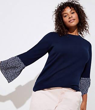 Loft Plus Floral Tie Cuff Mixed Media Sweater