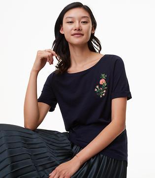 Loft Floral Embroidered Ballet Neck Tee