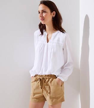 Loft Lacy Shirred Split Neck Blouse