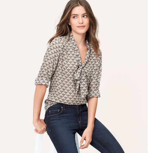 LOFT Mosaic Bow Neck Blouse, Horizon Grey