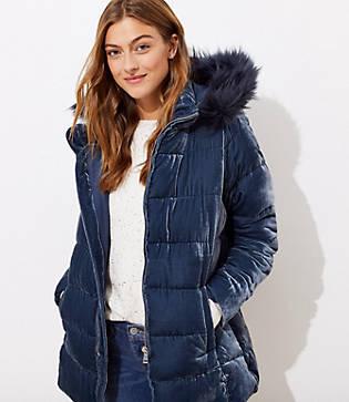 Loft Faux Fur Hood Velvet Puffer Coat